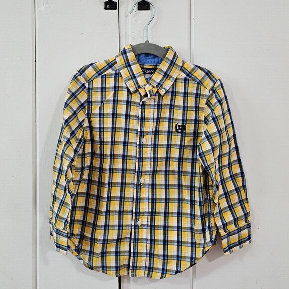 Chaps Boys Yellow and Blue Plais Button Down Long Sleeve Shirt Size 3T - Picture 1 of 3